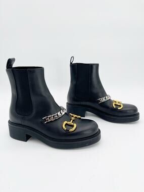 Gucci Flores Black Calfskin Horsebit Chain Low Heel Chelsea Ankle Boots IT 37